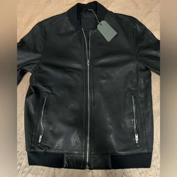 All Saints Niko Black Leather Bomber Jacket Sz L
